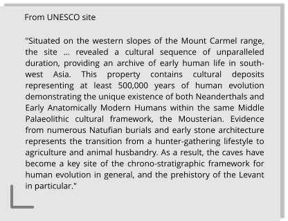 "Situated on the western slopes of the Mount Carmel range, the site … revealed a cultural sequence of unparalleled duration, providing an archive of early human life in south-west Asia. This property contains cultural deposits representing at least 500,000 years of human evolution demonstrating the unique existence of both Neanderthals and Early Anatomically Modern Humans within the same Middle Palaeolithic cultural framework, the Mousterian. Evidence from numerous Natufian burials and early stone architecture represents the transition from a hunter-gathering lifestyle to agriculture and animal husbandry. As a result, the caves have become a key site of the chrono-stratigraphic framework for human evolution in general, and the prehistory of the Levant in particular."   From UNESCO site